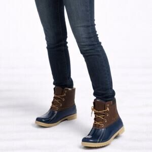 Sperry Women’s 9 Saltwater Duck Rain Ankle Boots Navy & Brown Leather Outdoors